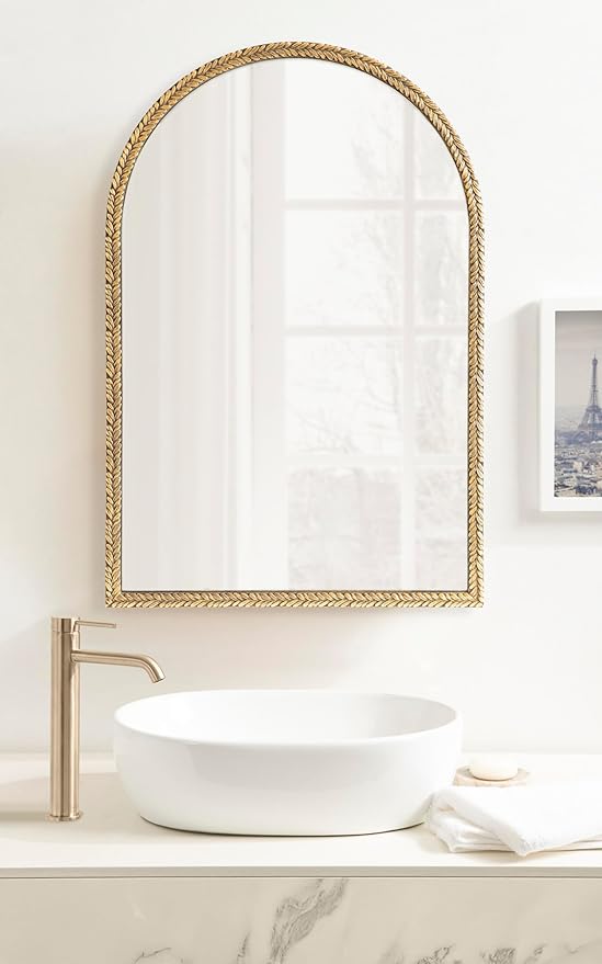 Kate and Laurel Acastis Traditional Ornate Textured Arch Mirror, 24 x 36, Gold, Vintage Arched Wall Mirror for Use as Vanity Bathroom Mirror or Fireplace Mantel Mirror