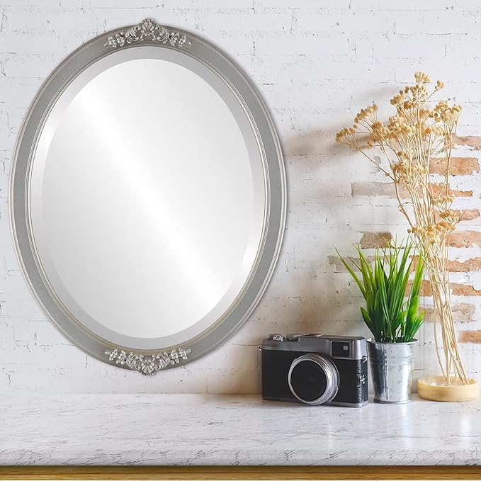 OVALCREST Oval Beveled Wall Mirror for Home Decor - Athena Style - Silver Shade - 18" x 14" Outside Dimensions