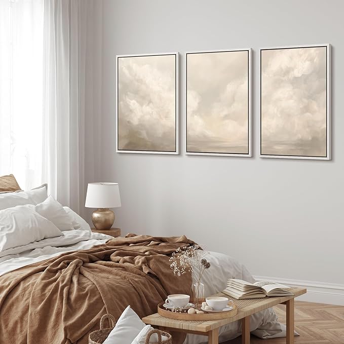 MUDECOR Framed Wall Art Print Set Neutral Cloudscape Soft Beige Abstract Sky Illustrations Modern Art Boho Decorative Colorful Chic for Living Room, Bedroom, Office - 24"x36"x3 White