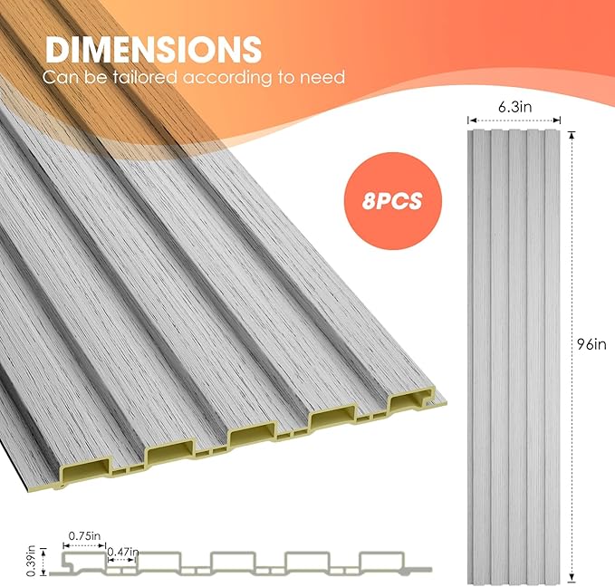 OUZUGIE WPC Acoustic Slat Wall Paneling, 8-Pack 96 x 6 Inches 3D Wall Panels for Interior Wall Decor,Living Room,TV Background,Study Room,Office Spaces,Bedroom,Low Grille (Grey)