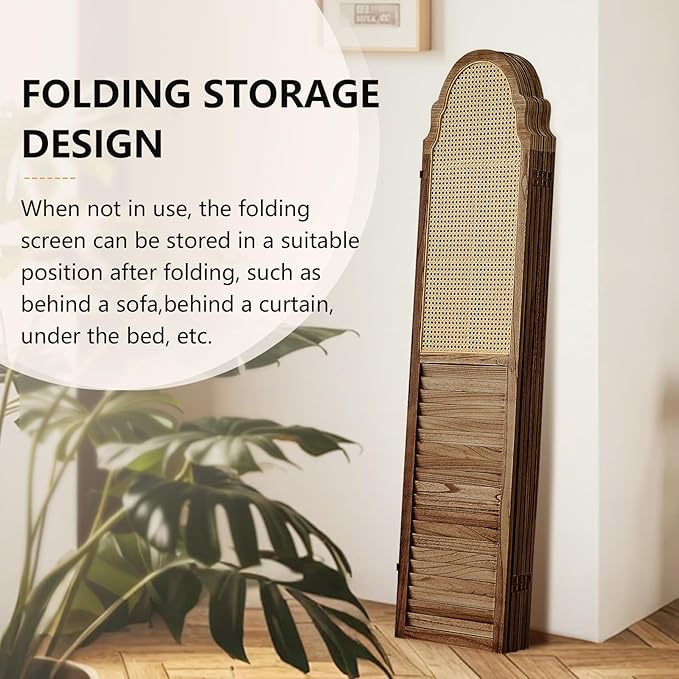 4 Panel Rattan Room Divider, 6 FT Tall Portable Partition Solid Wood Frame Folding Privacy Screen, Partition Room Divider Ideal for Bedroom Living Room Office, Dark Brown