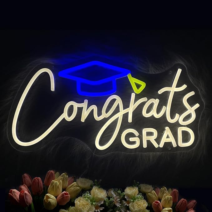 Congrats Grad Neon Sign with Graduation Cap, Warm White Grad Light Up Sign for Wall Decor, Adjustable Congrats Led Sign for Class of Party Room Dorm Backdrop Celebration Gifts