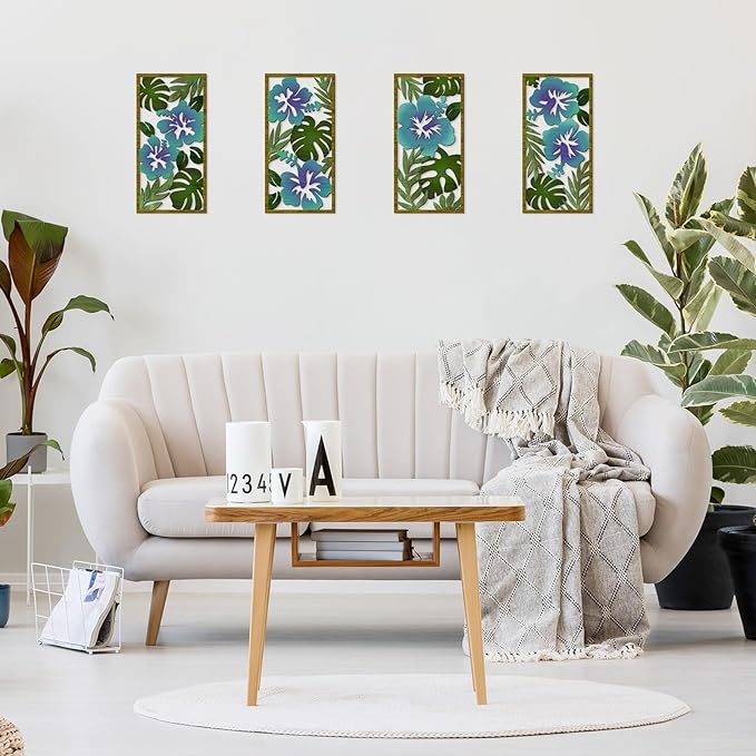 4 Pcs Tropical Wall Decor Cutout Wooden Palm Leaf Wall Art Minimalist Monstera Sculptures Wood Hibiscus Flowers Hanging Decor Vintage Plant Plaque for Home Bathroom Office (Fresh)