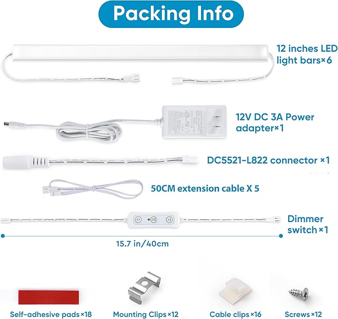 Litever Under Cabinet Lights Plug in, 6 pcs 12 Inches LED Light Strip Bars. Super Bright Dimmable Linkable for Kitchen Counter Above Cabinets Shelf Workbench Desk Closet Lighting. Daylight 5000K