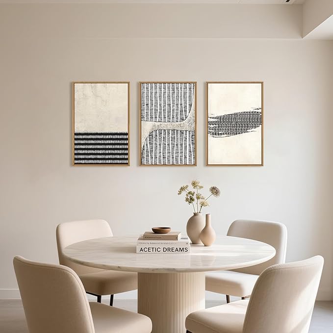 Large Abstract Black and Beige Framed Canvas Wall Art,Minimalist Dots Lines Wall Decor,Modern Geometric Shapes Artwork,Cozy Neutral Art Print for Living Room,Bedroom,Office,Home-16"x24"x3