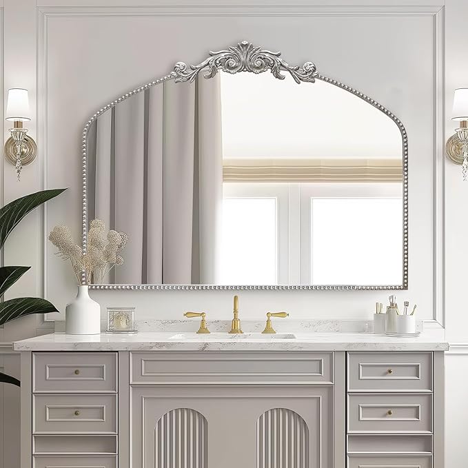 Antique Silver Arch Wall Mirror, 40"x31" Vintage Mantel Mirror with Ornate Metal Frame, Baroque Victorian Mirror for Fireplace/Entryway/Bathroom/Living Room/Hallway