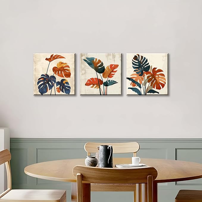 NAN Wind 3Pcs Modern Mid-century Abstract Tropical Monstera Leaf Canvas Art Orange and Blue Botanical Wall Print Minimalist Wall Decor Tropical Leaves Framed Wall Art for Contemporary Home Decor