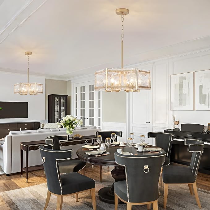 6-Light Gold Glass Chandelier, 18.7" Modern Textured Glass Drum Chandelier for Dining Room, Luxury Crystal Round Hanging Light Fixture for Kitchen Living Room Hallway Bedroom