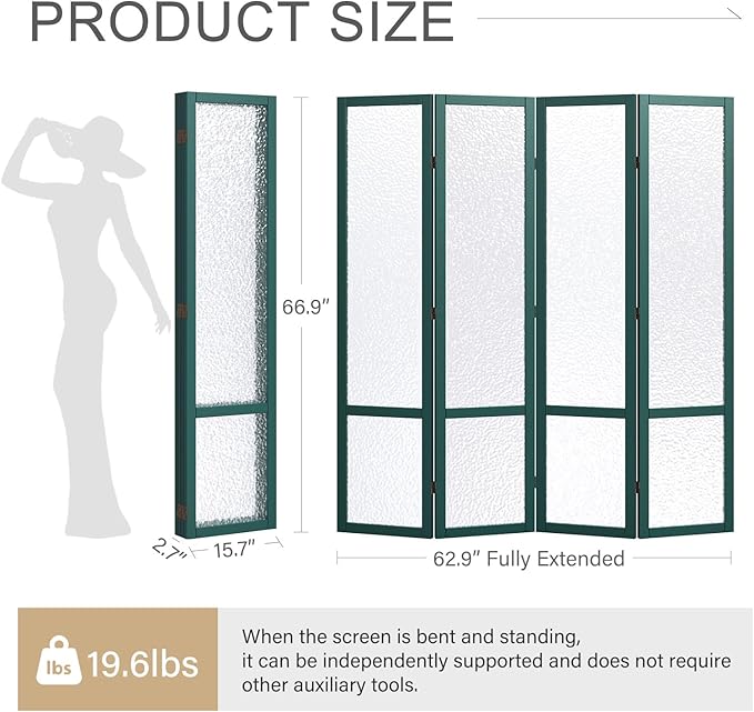 Acrylic Room Divider, 4-Panel Freestanding Partition Screen, Frosted Translucent Privacy Panel - Lightweight Modern Divider for Home Office Studio (Dark Green, 4 Panels)