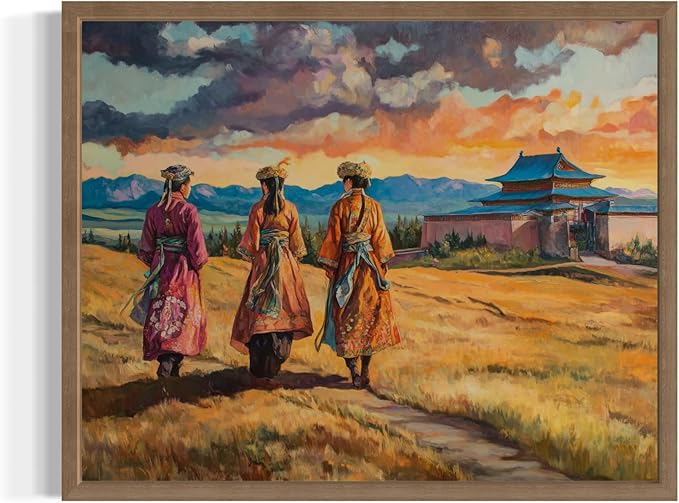 Mongolila Art Print Poster, Asia Oriental Countries Culture Wall Art Asian Paintings for Bedroom Bathroom Living Room Decor 97 (Mongolila, 24 x 36 inches, Wood Frame)