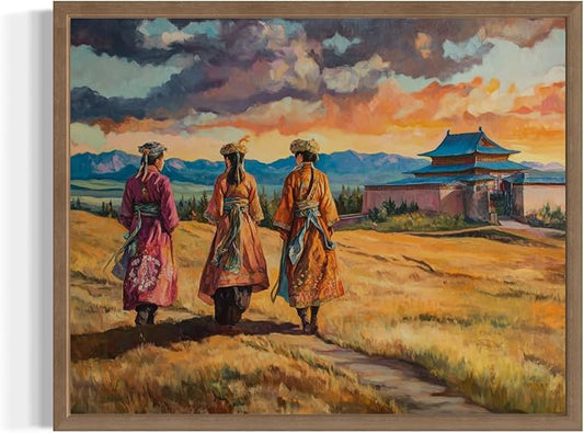 Mongolila Art Print Poster, Asia Oriental Countries Culture Wall Art Asian Paintings for Bedroom Bathroom Living Room Decor 97 (Mongolila, 11 x 14 inches, Wood Frame)