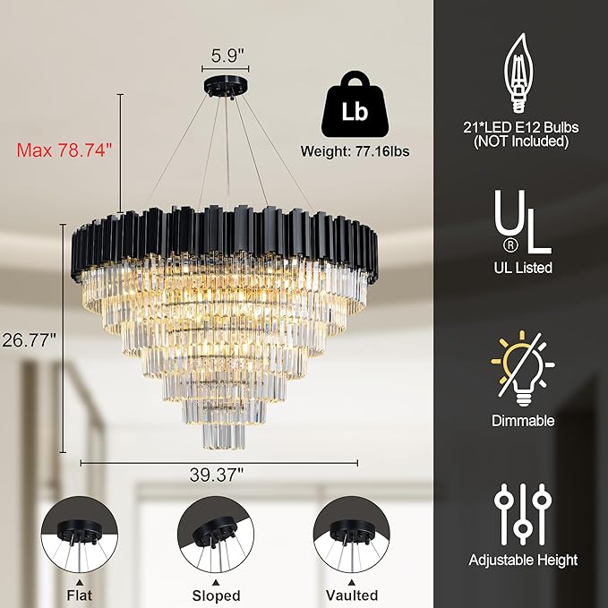 7-Tier 39" Black Chandelier, 21-Light Modern Crystal Chandelier, Luxury Round K9 Crystal Chandeliers Pendant Light Fixture for Dining Room, Living Room, Bedroom, Foyer, Entryway, Kitchen, Restaurant