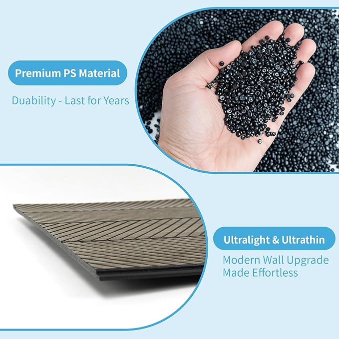 Art3d 4-Pack Glue-On Herringbone Wainscoting Panel for Interior Wall Decor - 104 x 12 Inch Polystyrene Ultralight Slim Slat Wall Panels for Living Room Bedroom, Ashtree