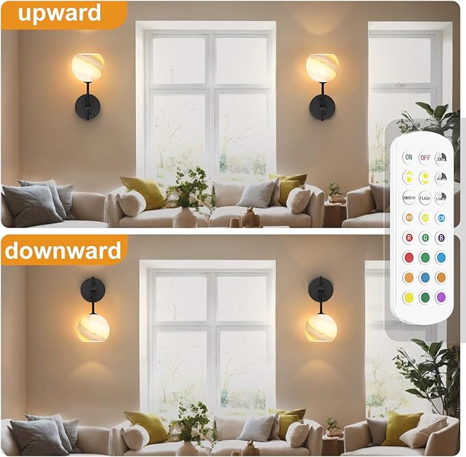MOITA Wall Sconces Set of Two, Wireless Battery Operated Wall Decor with Remote, Sconces Wall Lighting with Glass Shade, Upward and Downward Installation, 12 RGB Colors and 3 CCT Options