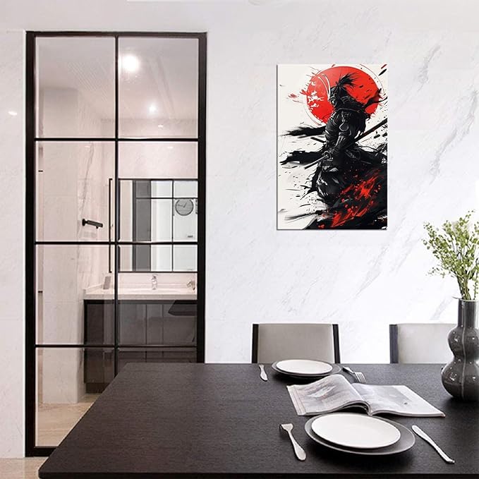 Japanese Samurai Wall Art Warrior Pictures Wall Decor Armored Samurai Painting Canvas Prints Bushido Poster Artwork Modern Home Decor Framed for Bedroom Living Room Office (18''W x 24''H)