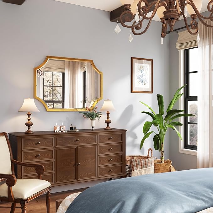 Kelly Miller Small Gold Mirror for Wall, 20"x28" Gold Bathroom Vanity Mirror Scalloped Mirror Decorative Wall Mirror Beveled for Master Bath Half Bath Living Room Bedroom Fireplace Mantle Entryway