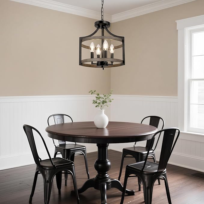 4-Light Farmhouse Chandelier, Rustic Metal Hanging Pendant Lighting, Convertible Semi Flush Mount Ceiling Light Fixture Faux Wood Black Chandeliers for Dining Room Kitchen Foyer Entryway