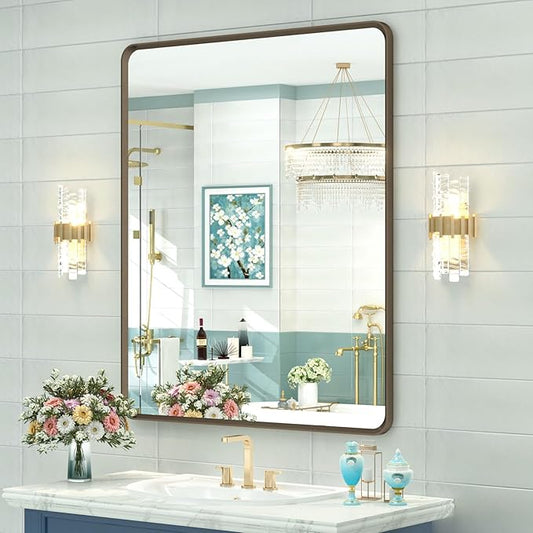 OKPAL 30x36 Bronze Bathroom Wall Mirror, Modern Brushed Metal Framed Mirror for Vanity, Bronze Rounded Rectangle Mirror, Anti-Rust, Tempered Shatterproof (Horizontal/Vertical)