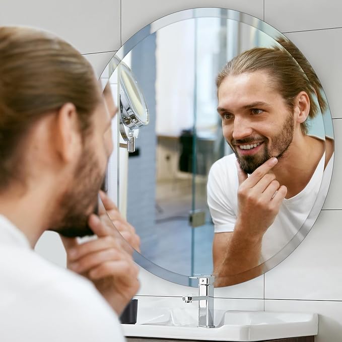 24 inch Beveled Bathroom Mirror, Frameless Round Mirror, 1" Polished Beveled Edge Circle Mirror for Bathroom, Living Room, Bedroom