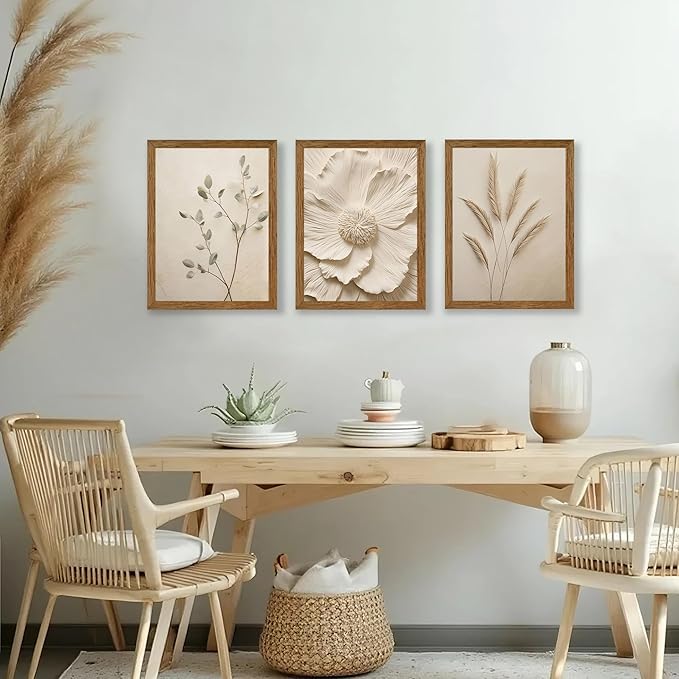 JLTULT 3 Piece Framed Neutral Beige Floral Canvas Wall Art, Modern Simple Texture Blossom Wall Decor, Vintage Botanical Flower Art Prints for Living Room Bedroom Farmhouse 12x16 inch Ready to Hang