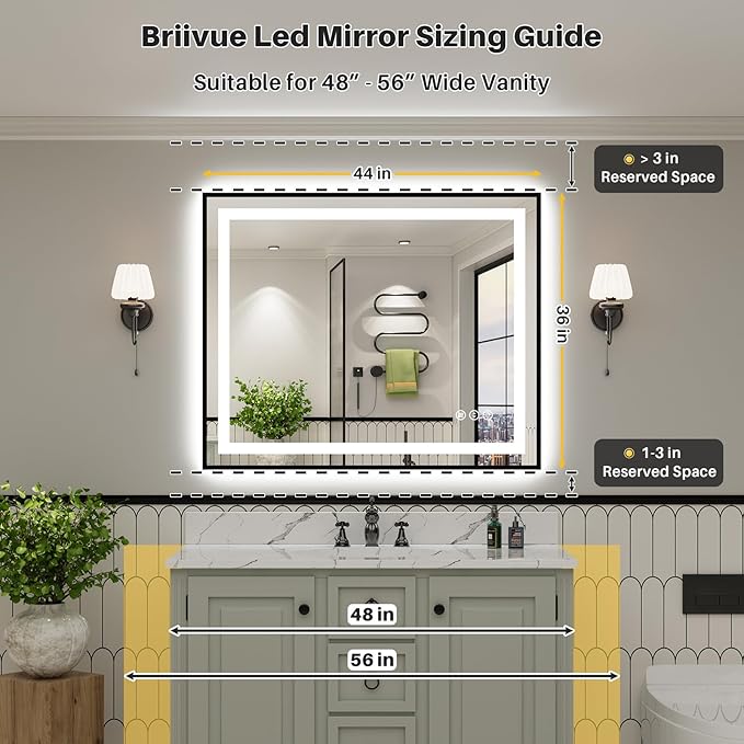 44x36 Inch LED Bathroom Mirror with Black Frame, Backlit & Front Lit, Anti-Fog Lighted Bathroom Vanity Mirror for Wall, Memory Function, Dimmable, HD Tempered Glass, Shatter-Proof