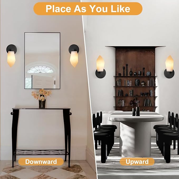 Alabaster Wall Sconce Set of Two, Spanish Marble Wall Light, Modern Wall Sconce for Bedroom, Hardwired Wall Lighting for Living Room, Wall Lamp for Bathroom Hallway Stairs, Black