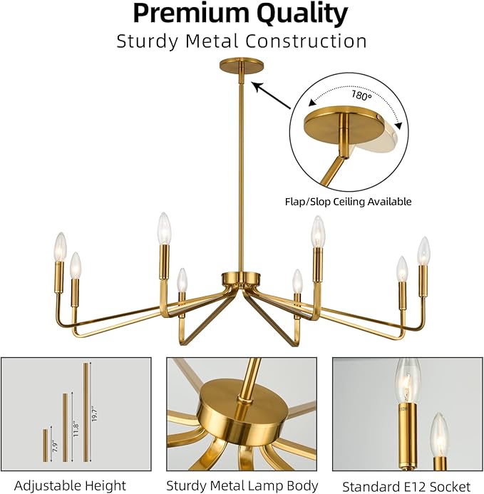 38" Gold Chandeliers for Dining Room, 8-Light Modern Farmhouse Chandelier Light Fixture, Brushed Brass Industrial Candle Lighting Hanging Ceiling for Living Room Bar Kitchen Island Lights