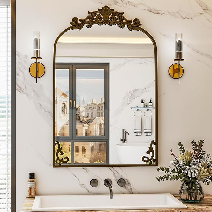 38"x 26" Arched Bathroom Mirror, Wall-Mounted Mirror with Carved Metal Frame & Bottom Art Carved, Vanity Mirror for Home Decor, Hanging Wall Mirror with Baroque Ornate Carved Accents, Vintage Bronze