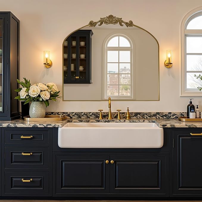 MISSDAY Vintage Arched Baroque Mirror for Wall, 36"X30" Antique Wall Mirror with Elegant Carving Top, Full Metal Frame Wall-Mounted Mirror for Bathroom, Living Room, Fireplace, Entryway, Retro Bronze