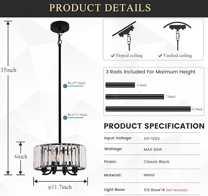 Black Crystal Chandelier, 4-Light Small Modern Semi Flush Mount Ceiling Chandelier Light Fixtures,Round Hanging Lighting Fixture for Bedroom Living Room Kitchen Hallway Entryway, E12 Base, 11.6 Inch