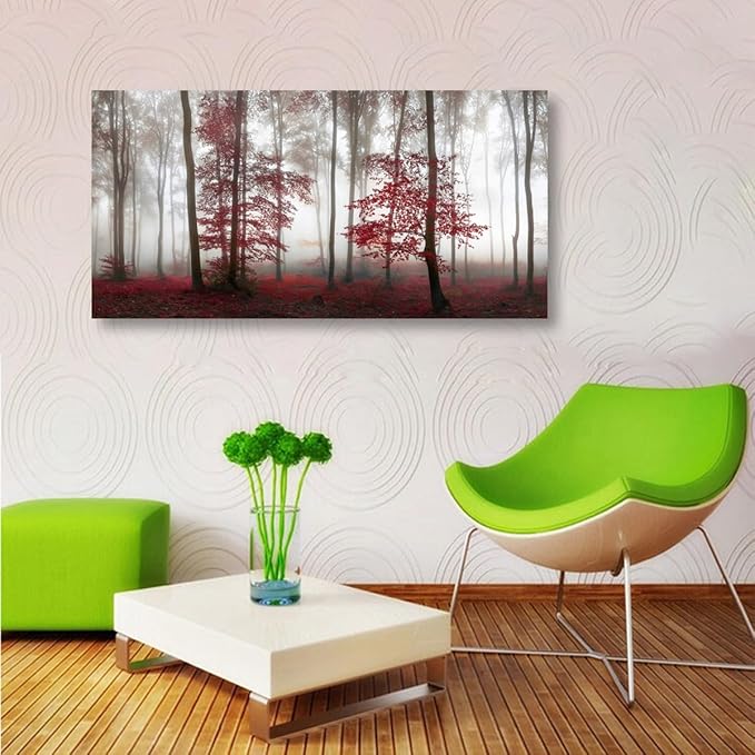 Misty Forest Pictures Canvas Wall Art for Living room Office Bedroom Wall Decor,Forest Wall Art Print Paintings Modern Nature Red Tree Artwork Waterproof Ready to Hang-24x48 inch