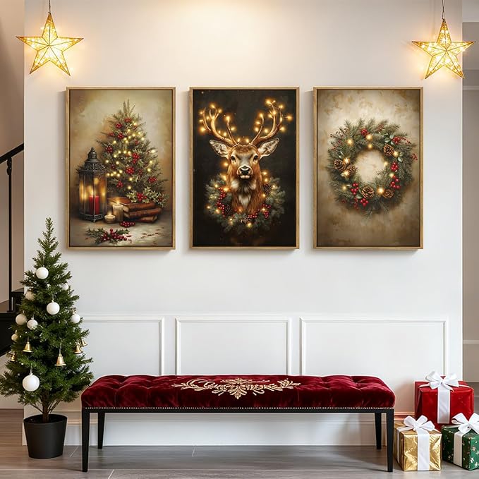 Anyzal Christmas Wall Art Winter Christmas Tree Prints Santa Elk Wall Decor for Living Room Bedroom Dining Room 16x24 Inch