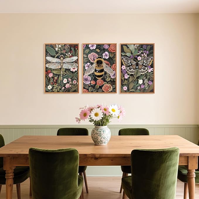 Aurlan Moody Boho Flowers Insect Framed Wall Art(16"x24"), 3PCS Dark Academia Cottage Core Whimsical Bee Butterfly Dragonfly Canvas Artwork, Abstract Vintage Floral Botanical Plant Decor for Home Office Bedroom