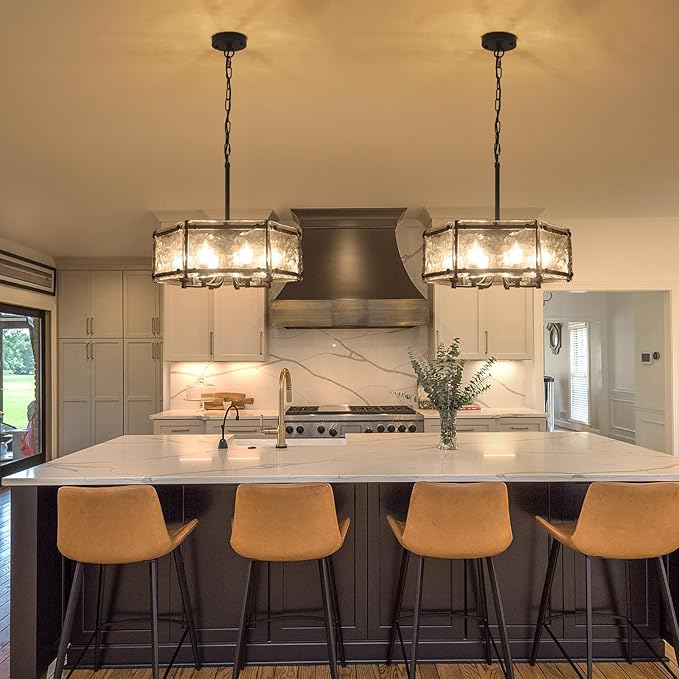 6-Light Black Glass Chandelier, 18.7" Modern Textured Glass Drum Chandelier for Dining Room, Farmhouse Round Hanging Light Fixture for Dining Room Kitchen Island Living Room Hallway Bedroom