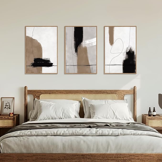 KAIRNE Abstract Neutral Framed Canvas Wall Art Set of 3, Abstract Black Brown Shape Decor, Modern Nordic Style Watercolor Shaped Paintings for Living Room, Bedroom, Office - 16"x24"