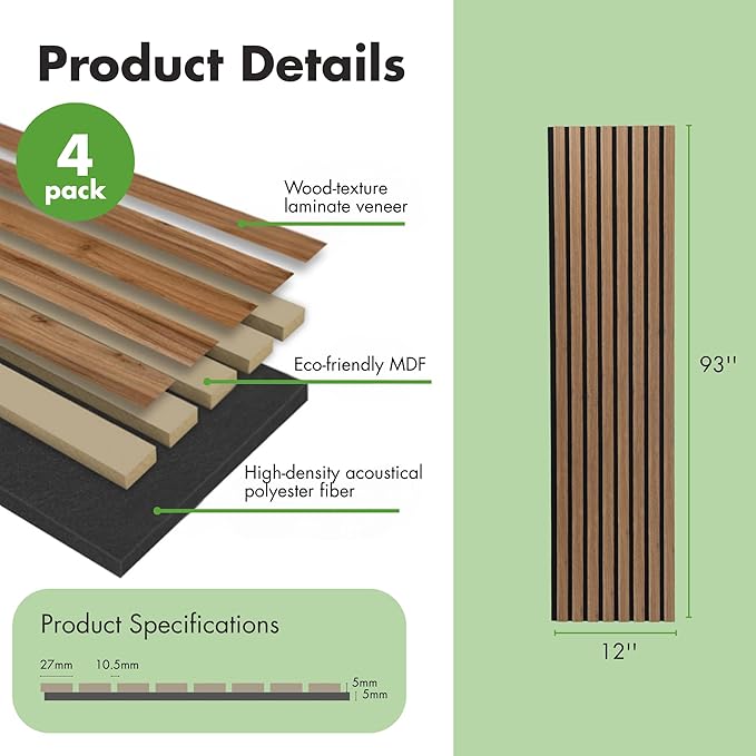 Art3d 4-Pack 12" x 93" Soundproof Wood Slat Panels, 31 sq.ft Acoustic Wall Panels, 3D Wall Panels with Wood Slat Design, Decorative Wood Wall Panel for Accent Walls-Deep Walnut
