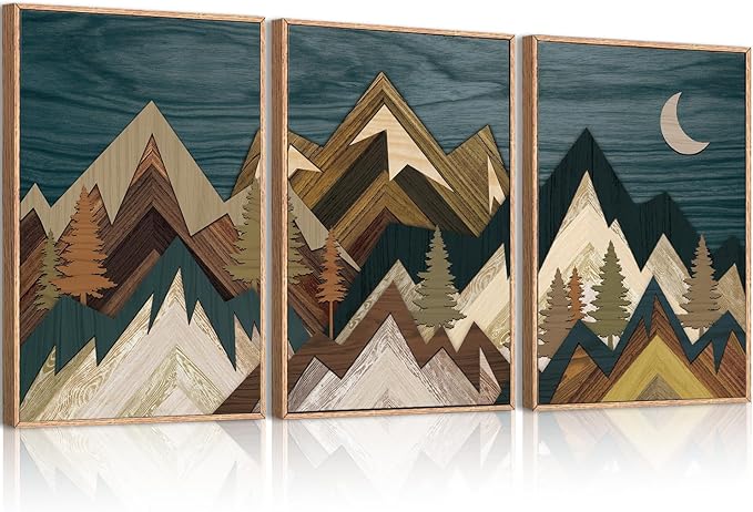 BINCUE Extra Large Mountain Wall Art Set of 3 Moon Froest Wall Decor Nature Landscape Art Print for Living Room Bedroom Office 24x36 Inches