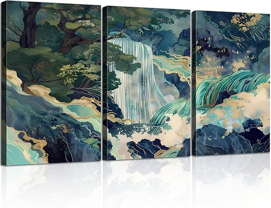 3pcs Framed Japanese Canvas Wall art Painting Large Waterfall Scenery Poster Print Wrap Canvas Artwork Nature Scenery Abstract Blue Waterfall Zen Art Print Living Room Bedroom Office Decor 16x24 Inch