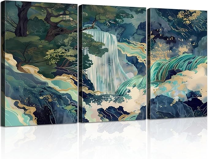 3Pcs Framed Japanese Canvas Wall art Painting Large Waterfall Scenery Poster Print Wrap Canvas Artwork Nature Scenery Abstract Blue Waterfall Zen Art Print Living Room Bedroom Office Decor 12x16 Inch