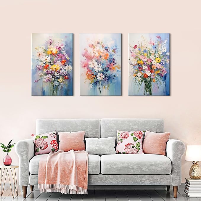 Colorful Flower Canvas Wall Art Daisy Poppy Wall Decor for Bedroom Living Room Abstract Floral Bouquet Pictures Prints Nature Wildflower Posters Modern Artwork Bathroom Home Decorations 24x36” 3 Piece