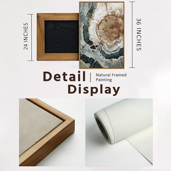 BingruiArt Large Framed Tree Ring Wall Art Wood Canvas Colorful Boho Wall Decor Rustic Artwork Abstract Painting Farmhouse Picture Nature Print for Living Room Bedroom Bathroom 24"x36" Natural Framed(06)