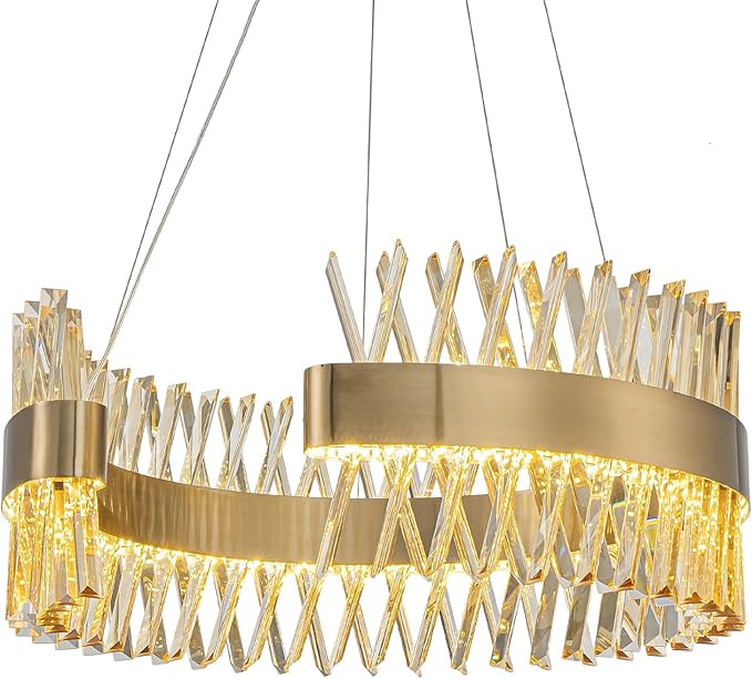 Modern Gold Chandeliers, 24" LED Dining Room Light 60W Dimmable Luxury Crystal Round Chandelier for Kitchen Island Bedroom Foyer Entryway Living Room, Brass