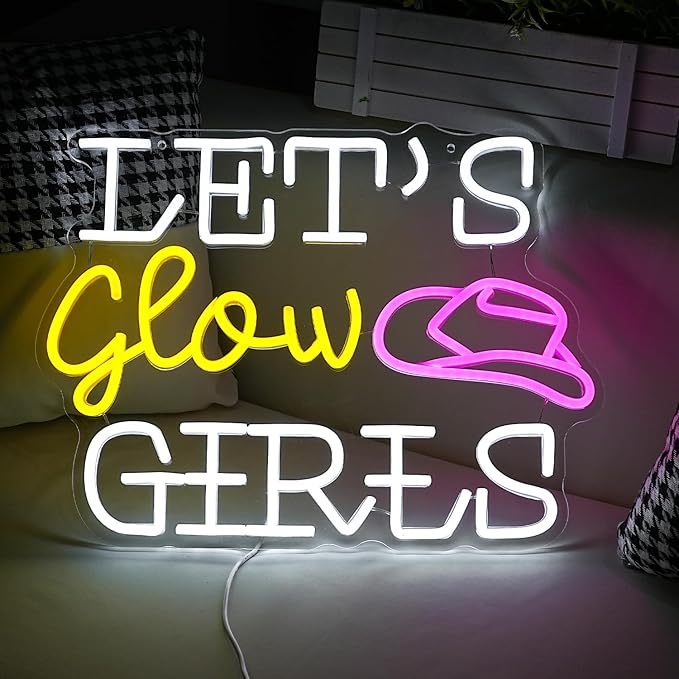 Let’s Glow Girls Neon Sign for Wall Decor 16.5‘’*12.2‘’ Light Up Sign Powered by USB Dimmable Led Cowboy Hat Neon Light for Girls Room Bedroom Party Wedding Gifts (White Yellow Pink)