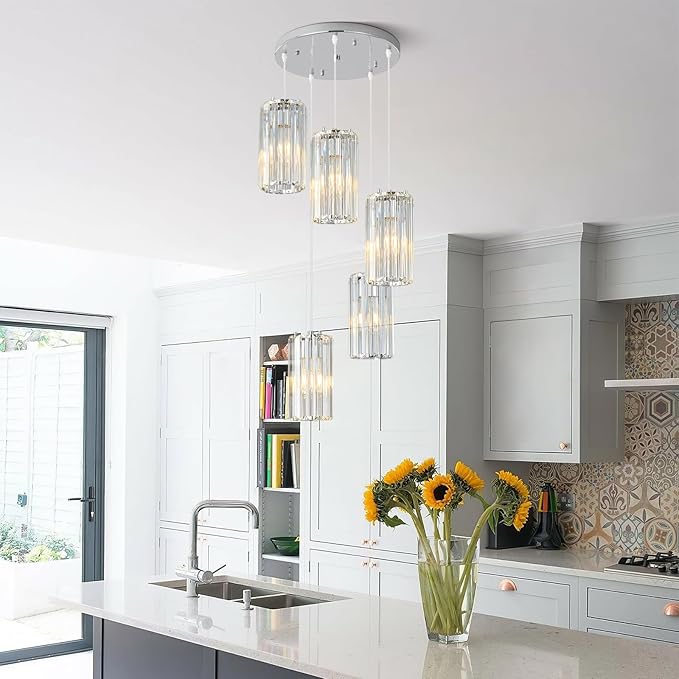 Chrome Pendant Lighting Modern Pendant Light, Mini Crystal Chandeliers,Adjustable Pendant Light Fixture for Kitchen Island Dinning Room Corridor Bedroom…(Gold 5-Light)