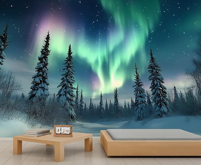 Aurora Borealis Mural Wallpaper, Starry Forest Murals, 3D Forest Landscape Murals Wallpaper for Living Room Bedroom Home Decor Mural - 98.4" W x 68.18" H (Not Peel Stick)