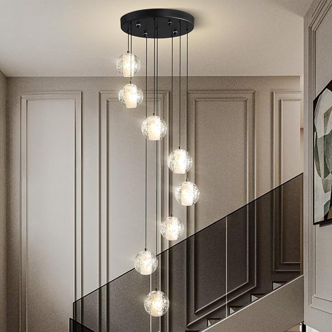 Modern Crystal Chandelier for Staircase 79" Long Black Stairwell Chandelier for Foyer Adjustable High Ceiling Lighting Fixture for Living Room Hallway Entryway Staircase