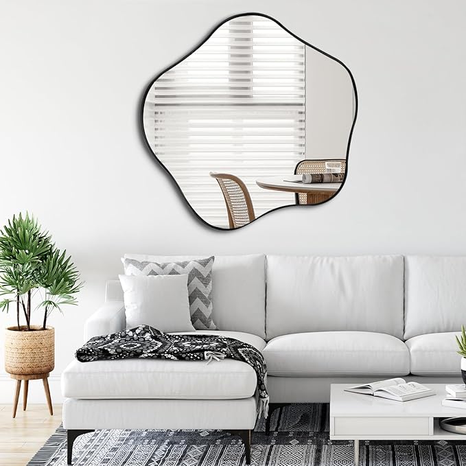 Large Scalloped Mirror, 35" Irregular Shaped Mirror, Asymmetrical Wall Mirrors Decorative, Modern Wavy Round Mirrors for Living Room Bathroom Bedroom Hallway Entryway Fireplace