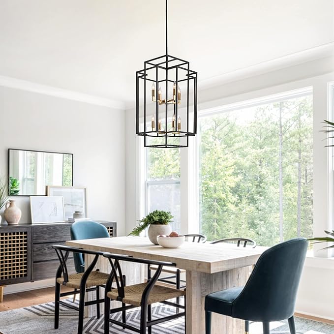 8-Light Black and Gold Chandeliers for Entryway, 31.5" Rectangular Farmhouse Foyer Lighting Fixtures for High Ceilings, Large Pendant Light for Staircase Entry Dinning Room Kitchen Island