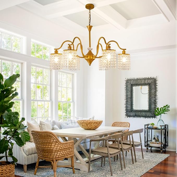 30" Gold Chandelier, 6-Light Dining Room Light Fixture, Modern Kitchen Island Light Fixtures, Farmhouse Foyer Lighting Fixtures, Hanging Crystal Chandeliers for Living Room, Bedroom, Foyer, Entryway