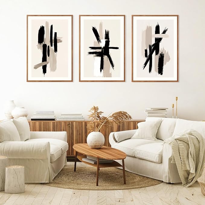 LHIUEM Grey Black Brown Framed Wall Art,Grey Abstract Pictures Set of 3(16”X24”) Minimalist Beige Cream Canvas Wall Art,Dance Lines Large Paintings,Blie Gray Wall Decor,Modern Room Decor for Bedroom
